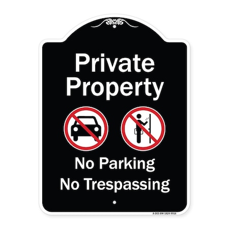 Signmission Designer Series-Private Property No Parking Or Trespassing With Symbols, 24" x 18", BW-1824-9916 A-DES-BW-1824-9916